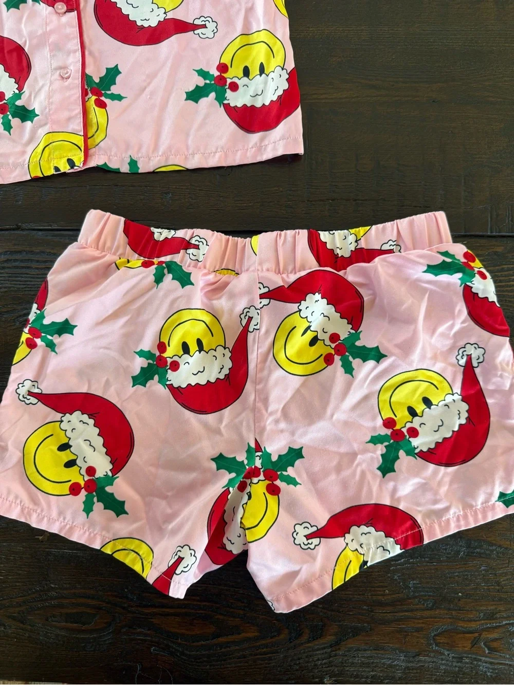 art class Pink Silky Holiday Smile Santa Face Pajama Set